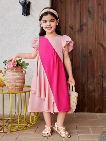 Young Girl Knitted Color-Block Round Neck Cap Sleeve Loose Casual Dress