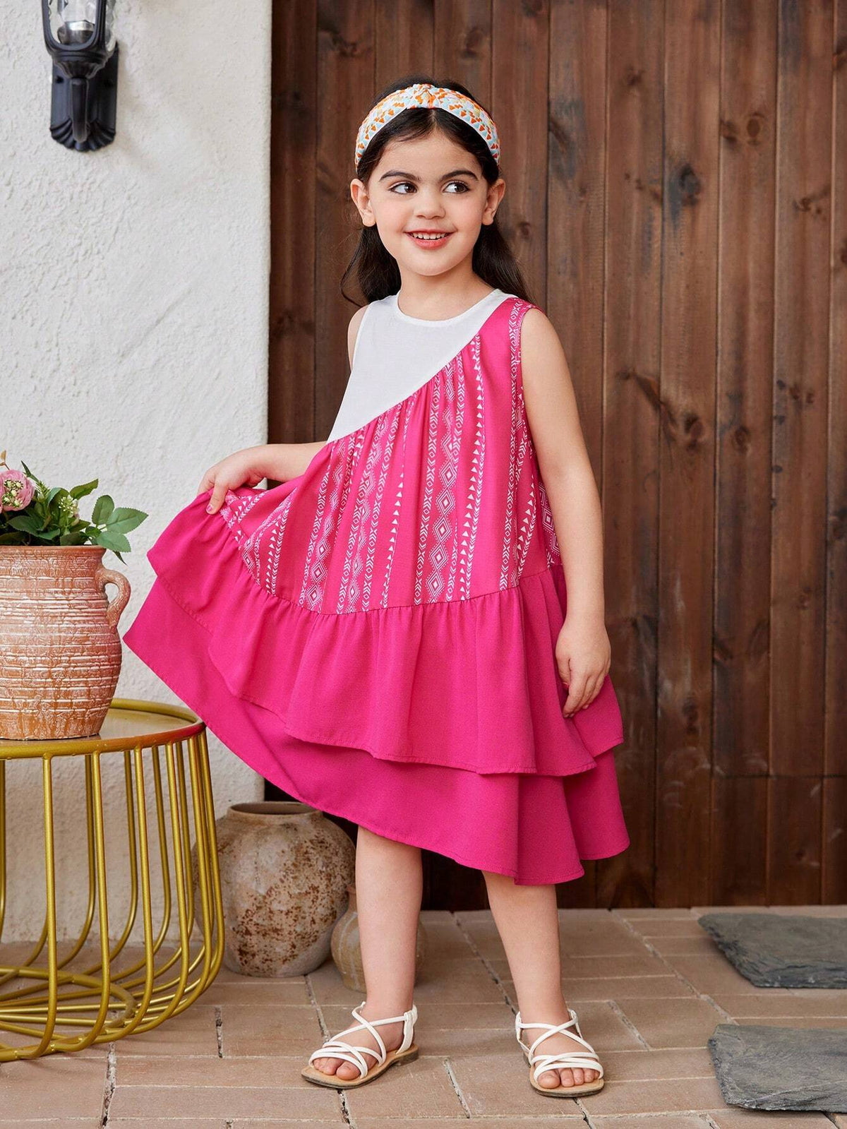 Young Girl Knitted Color Block Floral Print Round Neck Sleeveless Loose Casual Dress