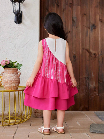 Young Girl Knitted Color Block Floral Print Round Neck Sleeveless Loose Casual Dress