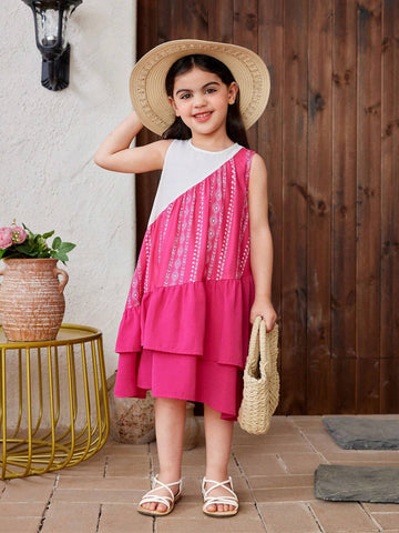 Young Girl Knitted Color Block Floral Print Round Neck Sleeveless Loose Casual Dress