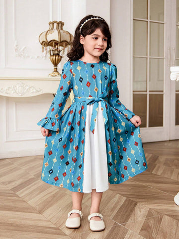 Young Girl Knitted Color Block Geometric Pattern Round Neck Slim Fit Casual Dress