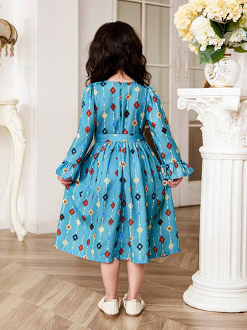 Young Girl Knitted Color Block Geometric Pattern Round Neck Slim Fit Casual Dress