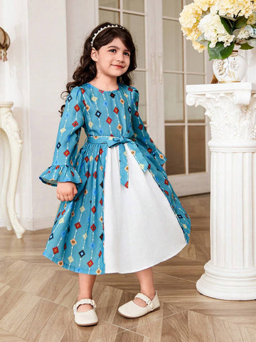 Young Girl Knitted Color Block Geometric Pattern Round Neck Slim Fit Casual Dress