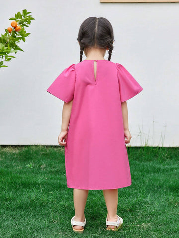 Young Girl Knitted Color Block Round Neck Embroidered Loose Casual Ruffle Sleeve Dress