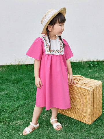 Young Girl Knitted Color Block Round Neck Embroidered Loose Casual Ruffle Sleeve Dress