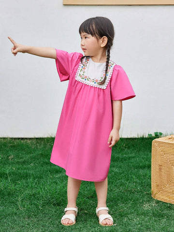 Young Girl Knitted Color Block Round Neck Embroidered Loose Casual Ruffle Sleeve Dress