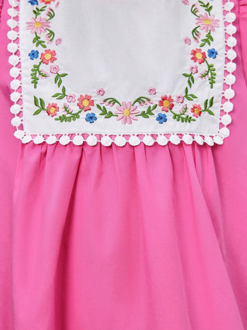 Young Girl Knitted Color Block Round Neck Embroidered Loose Casual Ruffle Sleeve Dress
