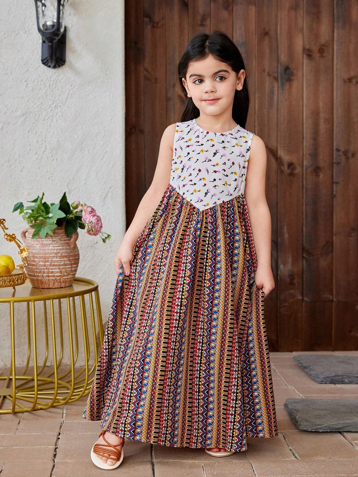 Young Girl Knitted Color Blocking Sleeveless Round Neck Casual Dress