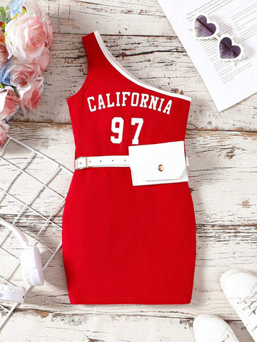 Young Girl Knitted Colorblock Letter Pattern One Shoulder Strap Casual Dress