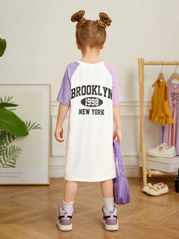 Young Girl Knitted Colorblock Loose Fit Casual Dress With Raglan Sleeve And Letter Print