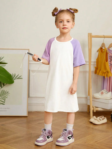 Young Girl Knitted Colorblock Loose Fit Casual Dress With Raglan Sleeve And Letter Print