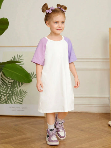 Young Girl Knitted Colorblock Loose Fit Casual Dress With Raglan Sleeve And Letter Print