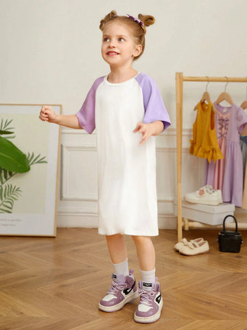 Young Girl Knitted Colorblock Loose Fit Casual Dress With Raglan Sleeve And Letter Print