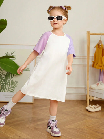 Young Girl Knitted Colorblock Loose Fit Casual Dress With Raglan Sleeve And Letter Print