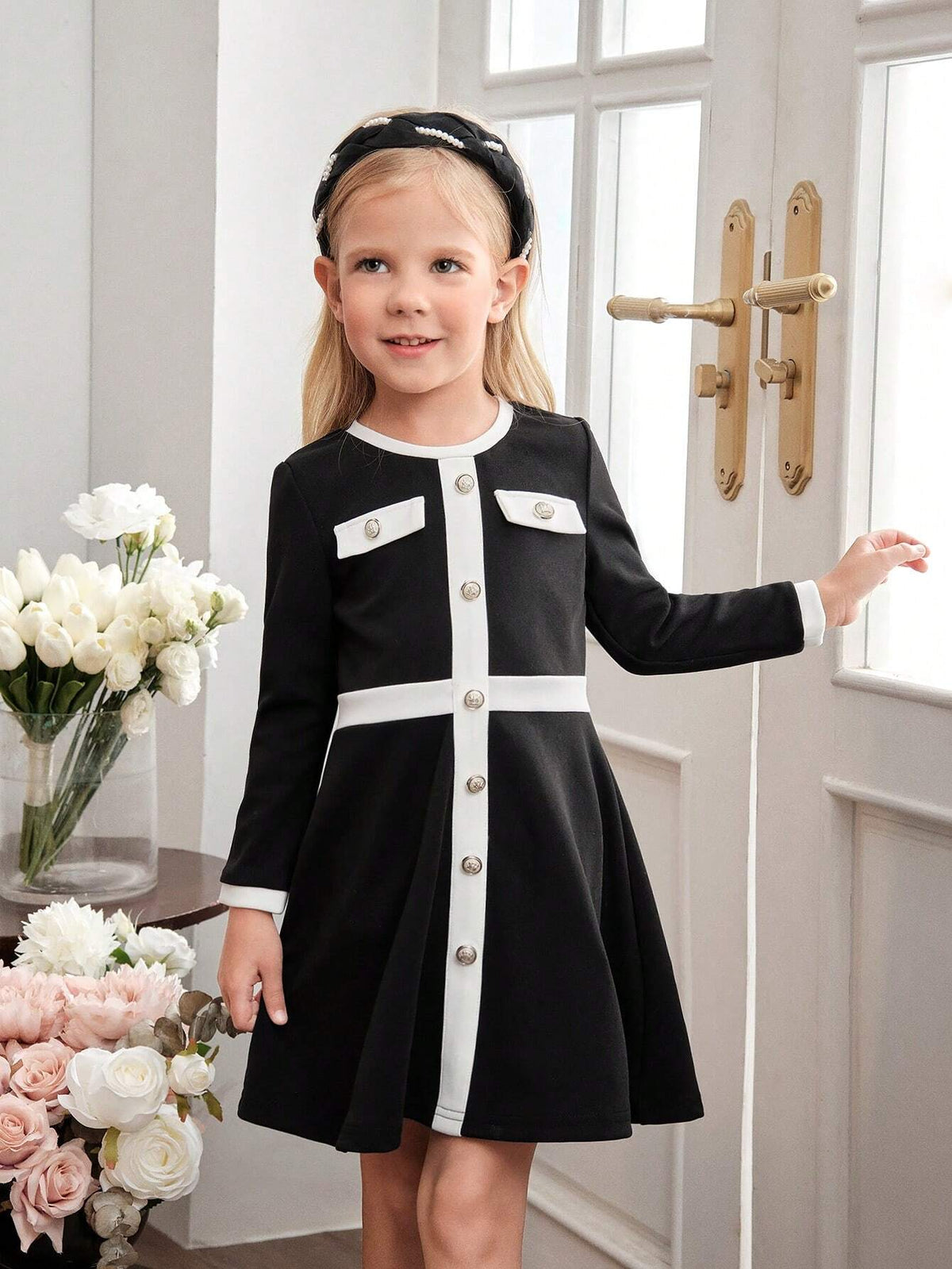 Young Girl Knitted Colorblocked Crew Neck Fitted Casual Dress