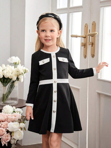 Young Girl Knitted Colorblocked Crew Neck Fitted Casual Dress
