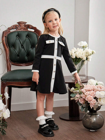 Young Girl Knitted Colorblocked Crew Neck Fitted Casual Dress