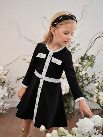 Young Girl Knitted Colorblocked Crew Neck Fitted Casual Dress