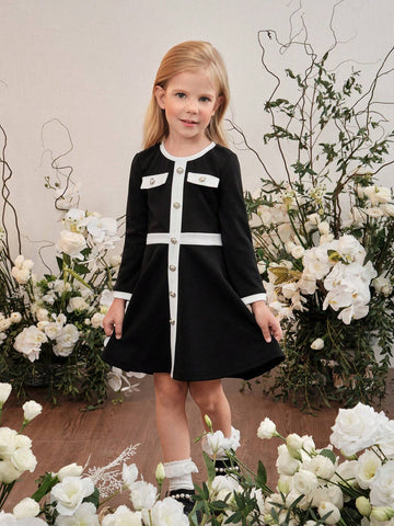 Young Girl Knitted Colorblocked Crew Neck Fitted Casual Dress