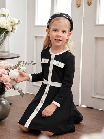Young Girl Knitted Colorblocked Crew Neck Fitted Casual Dress