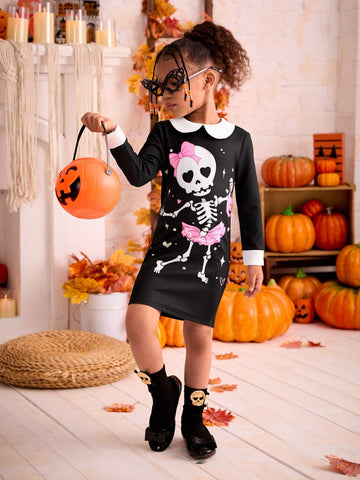 Young Girl Knitted Contrast Color Doll Collar Halloween Skull Pattern Black Dress