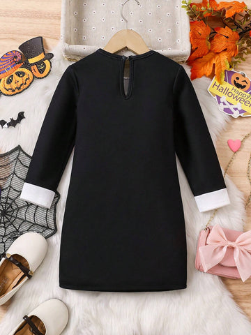 Young Girl Knitted Contrast Color Doll Collar Halloween Skull Pattern Black Dress