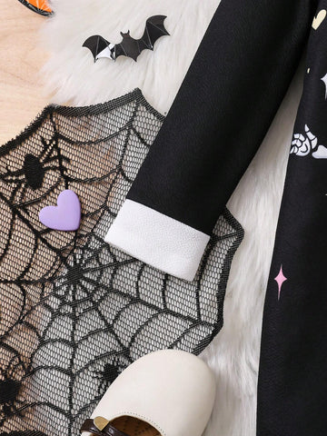 Young Girl Knitted Contrast Color Doll Collar Halloween Skull Pattern Black Dress