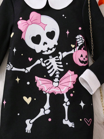 Young Girl Knitted Contrast Color Doll Collar Halloween Skull Pattern Black Dress