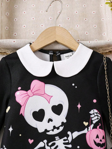 Young Girl Knitted Contrast Color Doll Collar Halloween Skull Pattern Black Dress