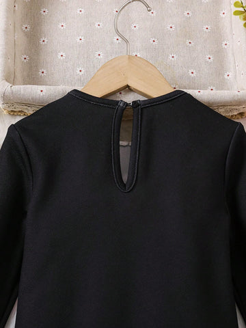 Young Girl Knitted Contrast Color Doll Collar Halloween Skull Pattern Black Dress