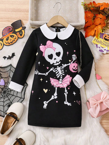 Young Girl Knitted Contrast Color Doll Collar Halloween Skull Pattern Black Dress