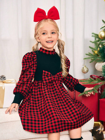 Young Girl Knitted Contrast Color Mock Neck Gigot Sleeve Fitted Casual Dress
