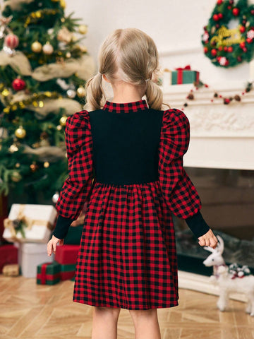 Young Girl Knitted Contrast Color Mock Neck Gigot Sleeve Fitted Casual Dress