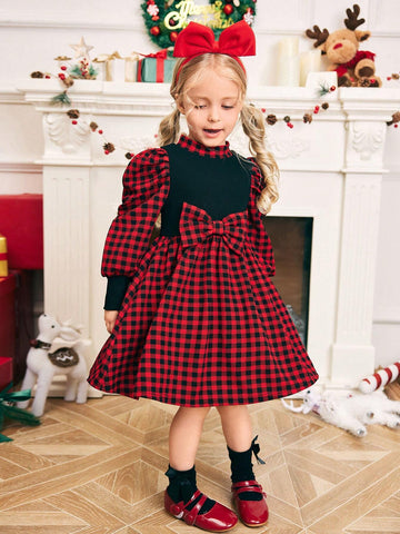 Young Girl Knitted Contrast Color Mock Neck Gigot Sleeve Fitted Casual Dress
