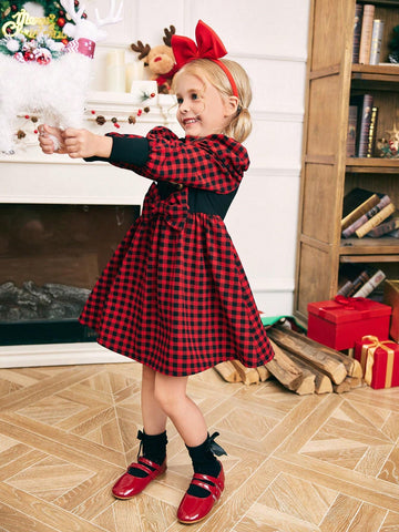 Young Girl Knitted Contrast Color Mock Neck Gigot Sleeve Fitted Casual Dress