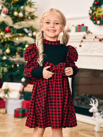 Young Girl Knitted Contrast Color Mock Neck Gigot Sleeve Fitted Casual Dress