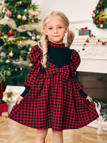 Young Girl Knitted Contrast Color Mock Neck Gigot Sleeve Fitted Casual Dress