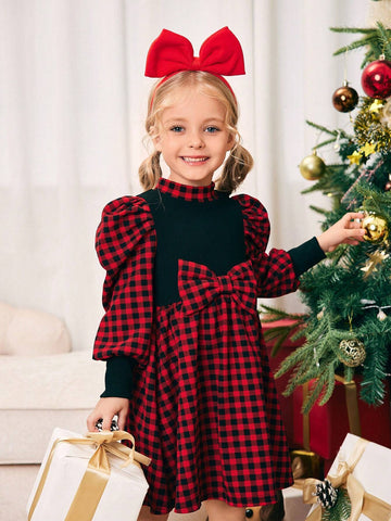 Young Girl Knitted Contrast Color Mock Neck Gigot Sleeve Fitted Casual Dress