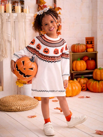 Young Girl Knitted Crew Neck Halloween Pattern Loose Casual Dress