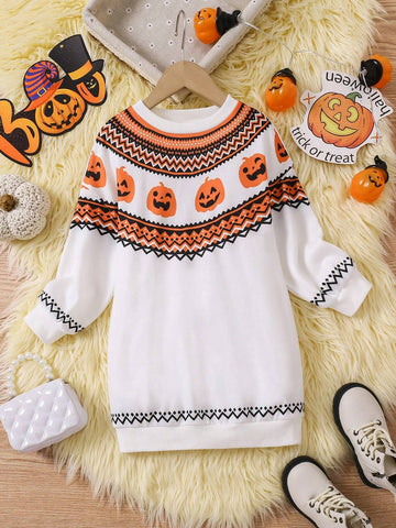 Young Girl Knitted Crew Neck Halloween Pattern Loose Casual Dress