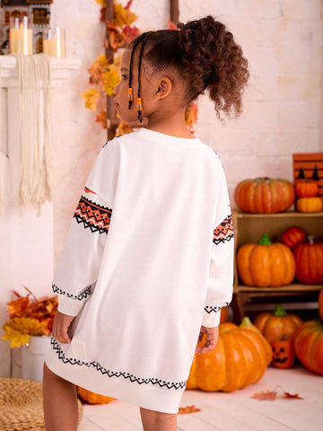 Young Girl Knitted Crew Neck Halloween Pattern Loose Casual Dress