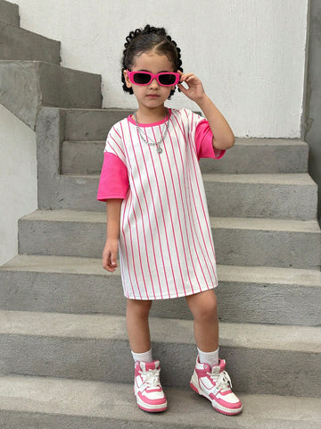 Young Girl Knitted Cute Animal & Striped Pattern Loose Casual Dress