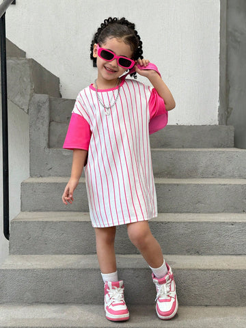 Young Girl Knitted Cute Animal & Striped Pattern Loose Casual Dress