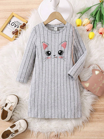 Young Girl Knitted Cute Cat Embroidered Integrated Casual Dress