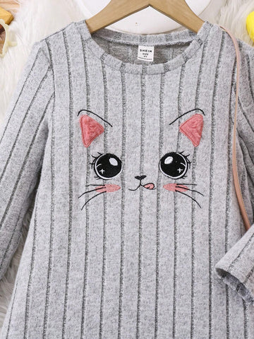 Young Girl Knitted Cute Cat Embroidered Integrated Casual Dress