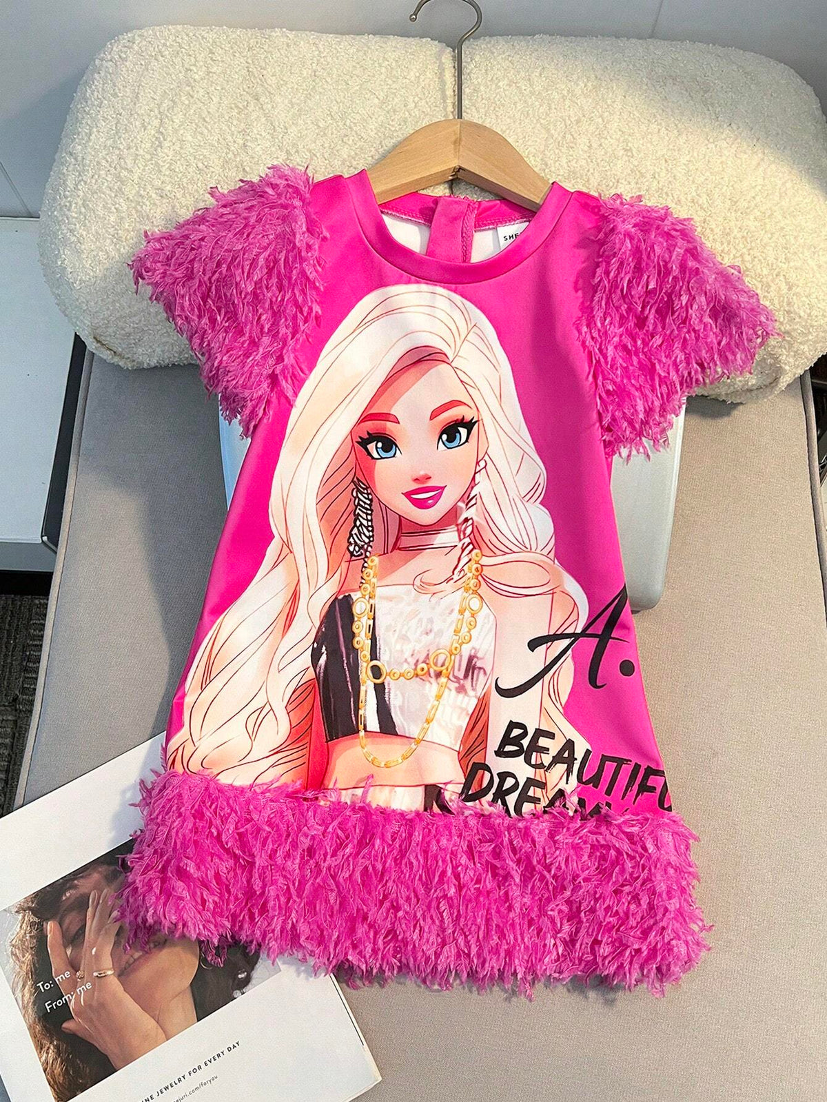 Young Girl Knitted Cute Girl Pattern Round Neck Fuzzy Patchwork Short Sleeve Bodycon Dress,Vintage Preppy, Back To School,Party,Summer & Autumn/Winter,Thanksgiving