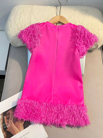 Young Girl Knitted Cute Girl Pattern Round Neck Fuzzy Patchwork Short Sleeve Bodycon Dress,Vintage Preppy, Back To School,Party,Summer & Autumn/Winter,Thanksgiving