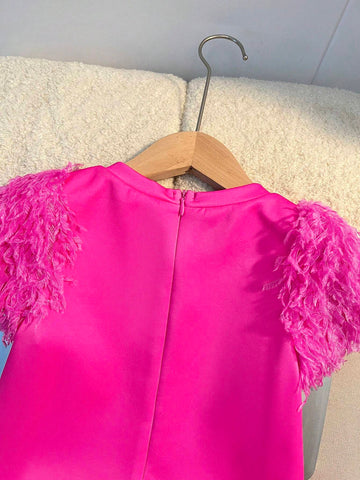 Young Girl Knitted Cute Girl Pattern Round Neck Fuzzy Patchwork Short Sleeve Bodycon Dress,Vintage Preppy, Back To School,Party,Summer & Autumn/Winter,Thanksgiving
