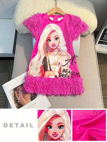 Young Girl Knitted Cute Girl Pattern Round Neck Fuzzy Patchwork Short Sleeve Bodycon Dress,Vintage Preppy, Back To School,Party,Summer & Autumn/Winter,Thanksgiving