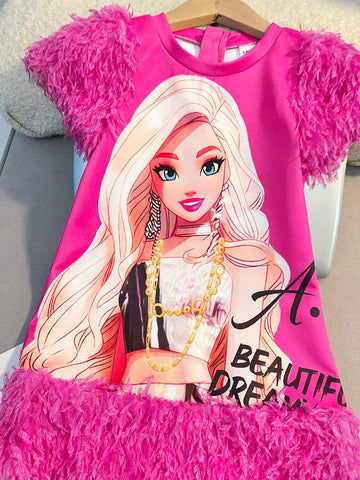 Young Girl Knitted Cute Girl Pattern Round Neck Fuzzy Patchwork Short Sleeve Bodycon Dress,Vintage Preppy, Back To School,Party,Summer & Autumn/Winter,Thanksgiving